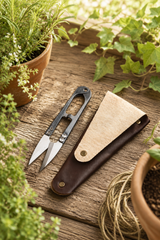 scissors with leather sheath on a wooden surface surrounded by plants