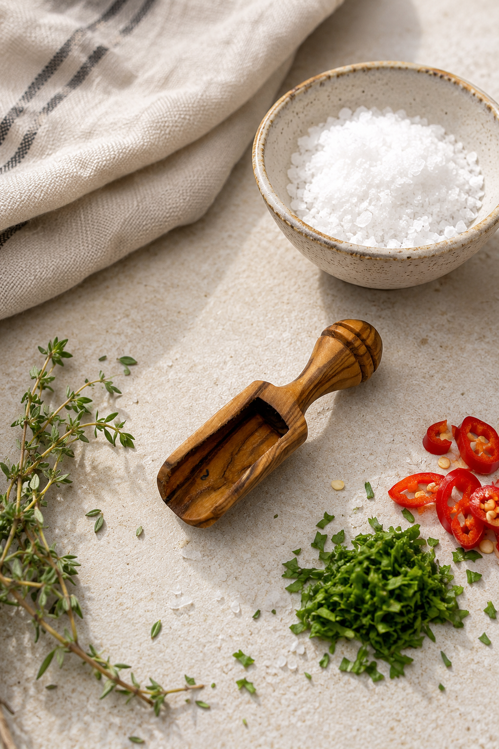 Mini olive wood salt and spice scoop with natural grain