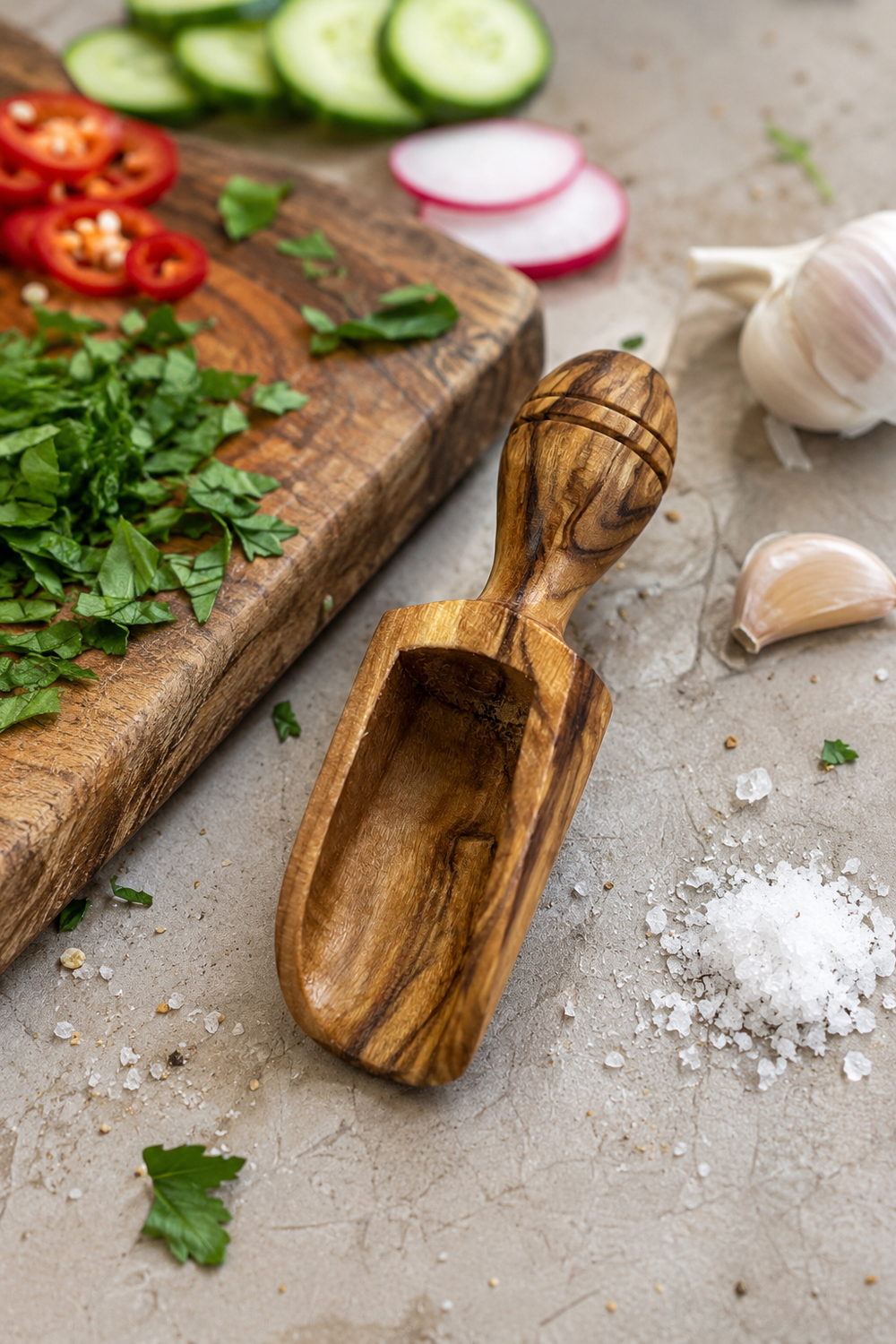 Mini olive wood salt and spice scoop with natural wood grain