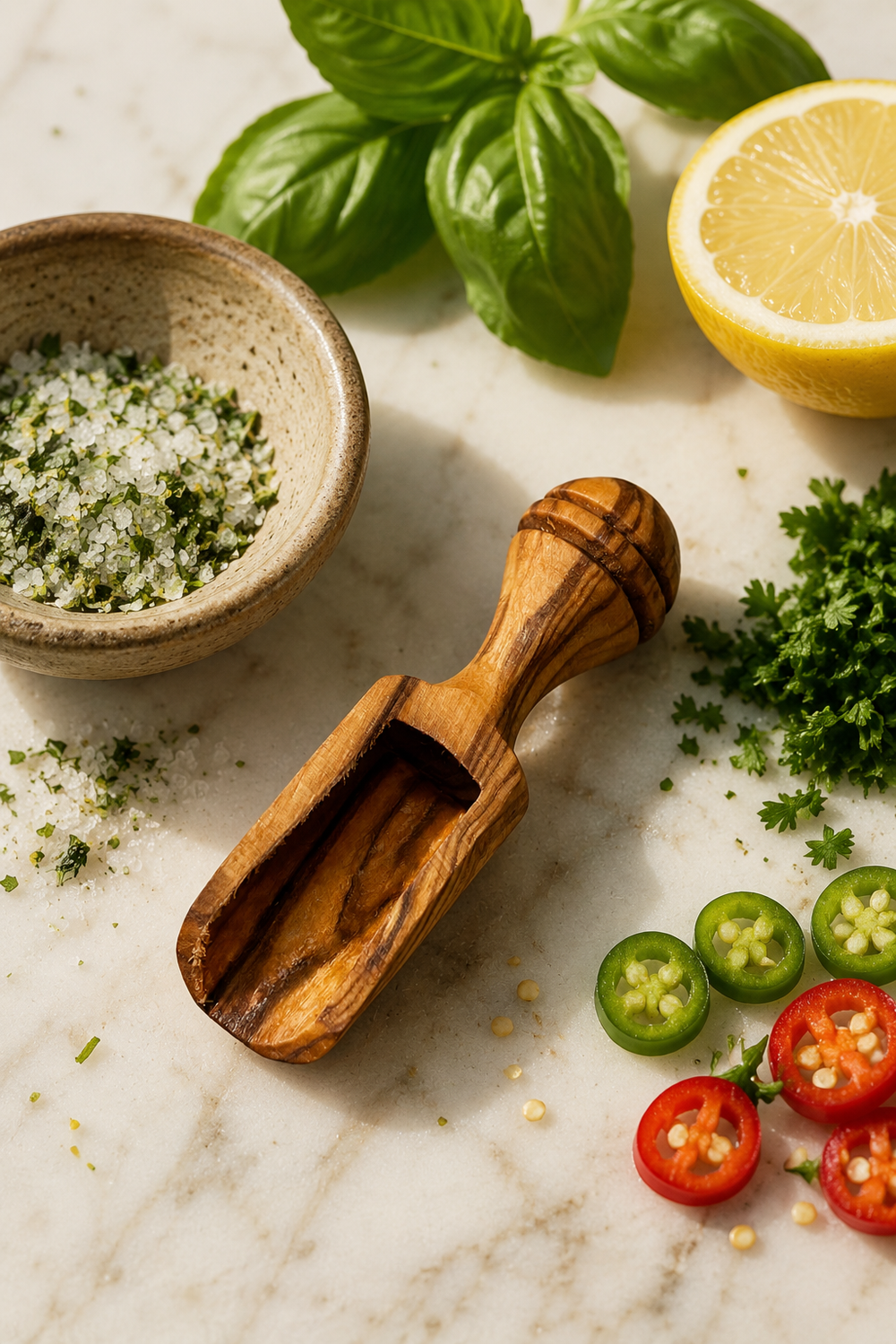 Mini wooden seasoning scoop made from natural olive wood