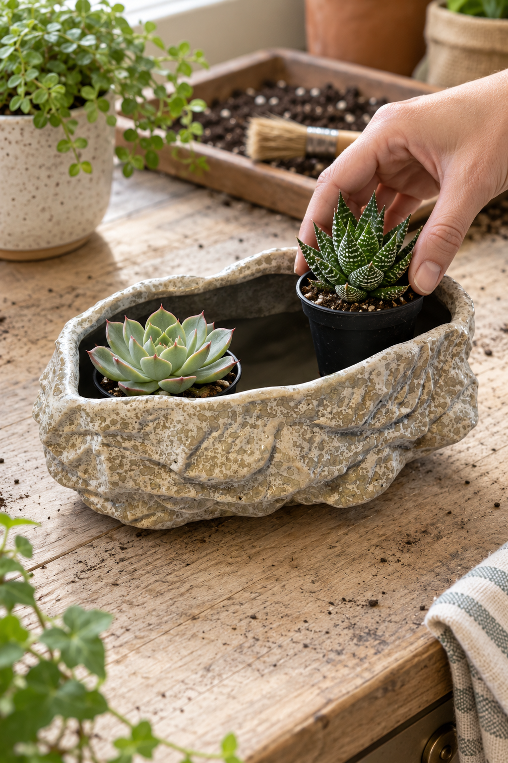 Hand placing a miniature succulent in its nursery pot inside a rock effect ceramic planter.