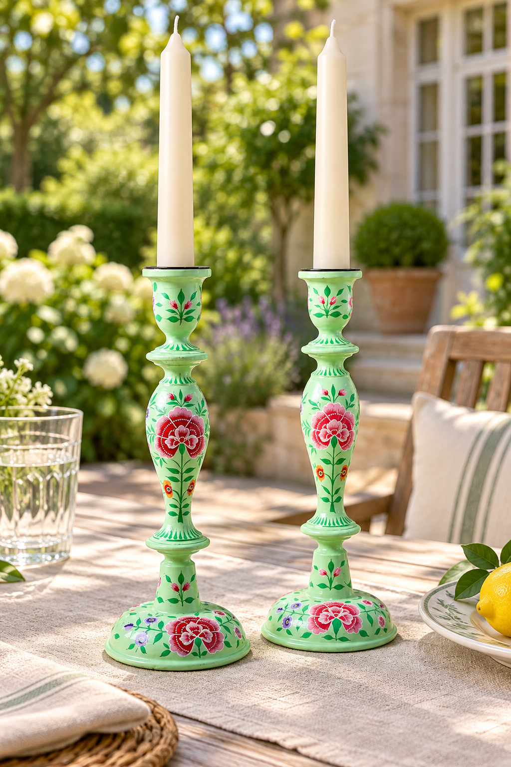 A pair of mint green metal candlestick holders with hand-painted pink floral motifs, holding white taper candles on an outdoor patio table.