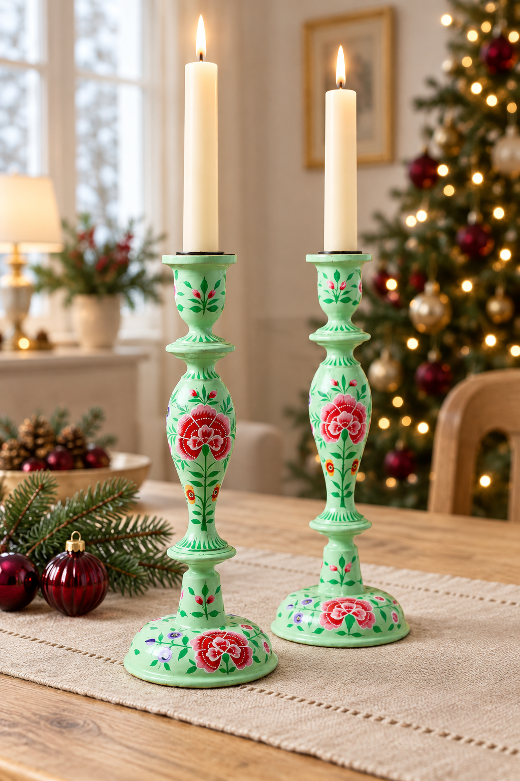 A pair of mint green metal candlesticks with hand-painted red and pink floral motifs, holding lit white taper candles on a table runner in a decorated holiday setting.