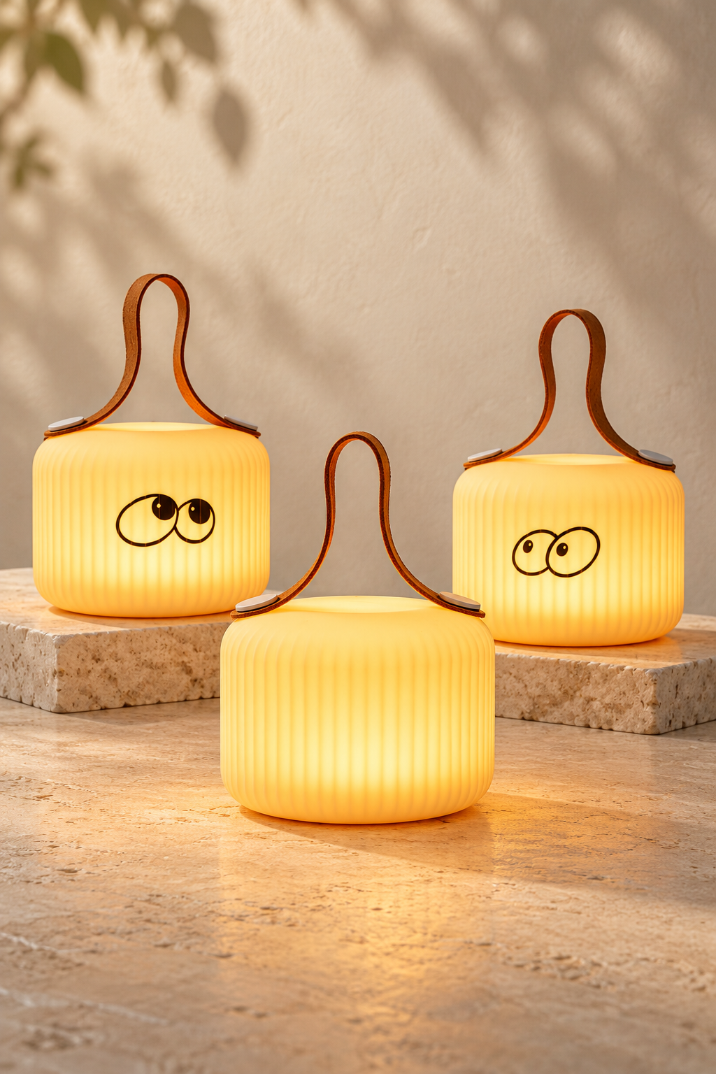 Mochi Pure, Wonder and Peek lamps displayed together on a cream surface with neutral stone display blocks.
