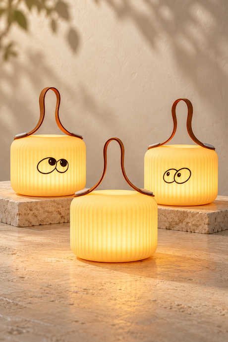 Mochi Pure, Wonder and Peek lamps displayed together on a cream surface with neutral stone display blocks.