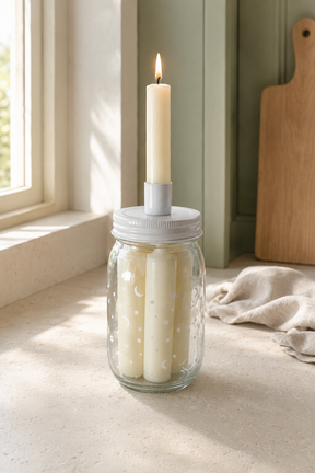 A clear glass mason jar candle holder with a white lid, containing two cream pillar candles, with a third cream candle inserted into a white holder on top and lit. The jar sits on a light beige countertop in a sunlit kitchen setting.