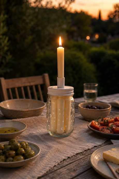 A lit candle holder made from a clear glass mason jar with a white lid, holding several cream-colored taper candles, set on a rustic wooden dining table outdoors at sunset with plates of food and greenery in the background.