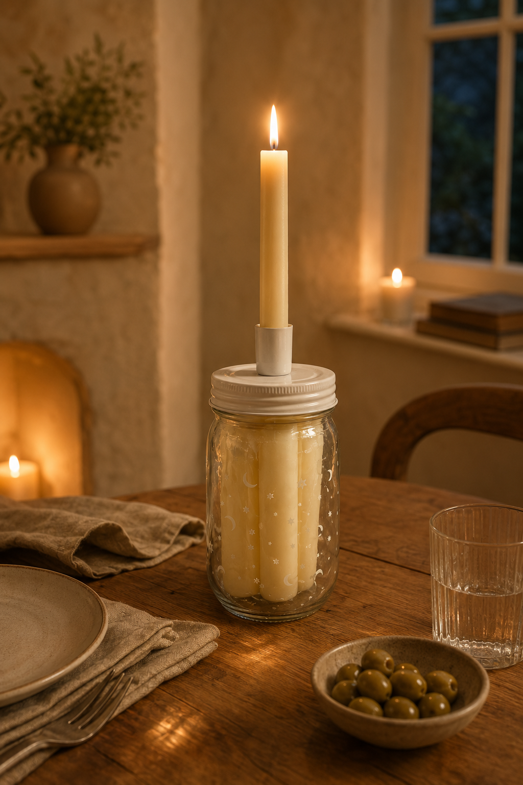 A lit cream pillar candle in a clear glass mason jar candle holder with a white lid, set on a rustic wooden table in a warmly lit dining room with plates, olives, and a glass.