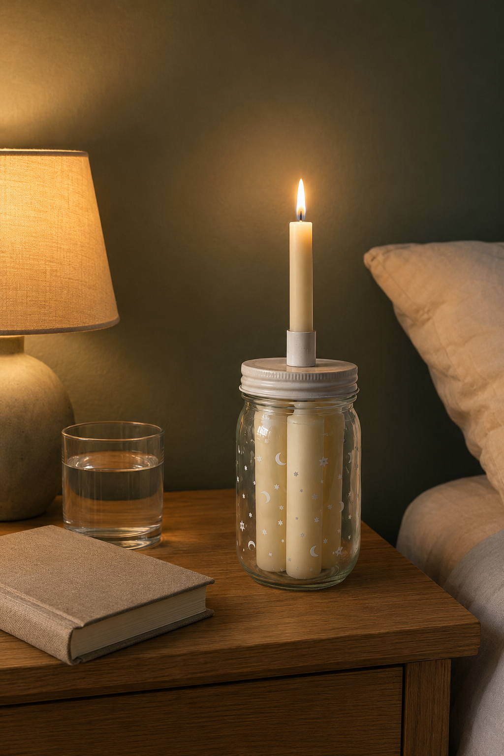 A lit candle holder made from a clear glass mason jar with a white lid and white candle insert, placed on a wooden bedside table next to a lamp, glass of water, and book in a warm bedroom setting.