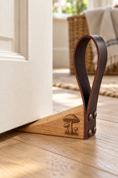 A wooden door stopper with a dark brown leather loop handle, featuring an engraved mushroom design on the sides. It is shown in use, positioned on a light wood floor in front of a white door.