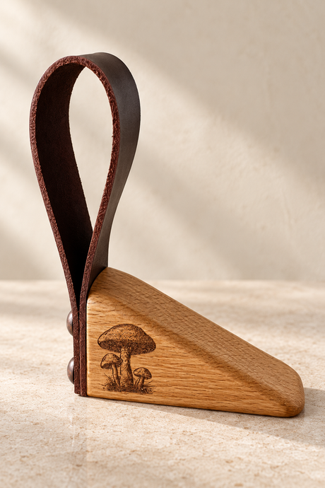 A wooden and leather door stopper with an engraved mushroom design on the base, photographed on a neutral textured beige surface.