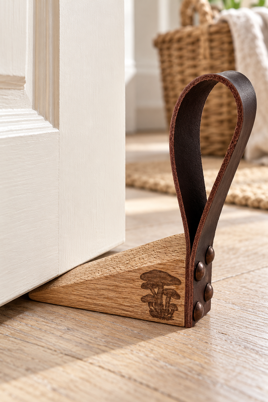 A wooden and leather door stopper placed on a light wood floor next to a white door, with a woven basket and soft furnishings blurred in the background.