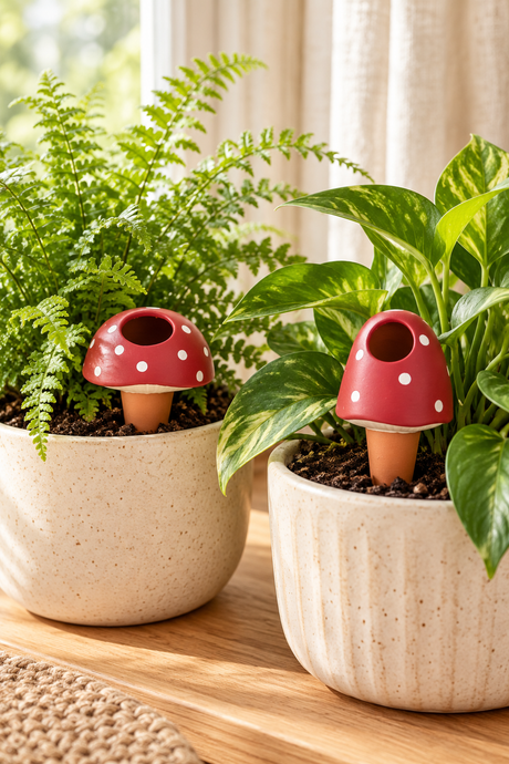 Set of two terracotta plant watering spikes with red mushroom caps, white spots and cream detailing. Includes one rounded and one taller mushroom design, each with an open filling hole and a tapered stem. Suitable for indoor pots and balcony planters.