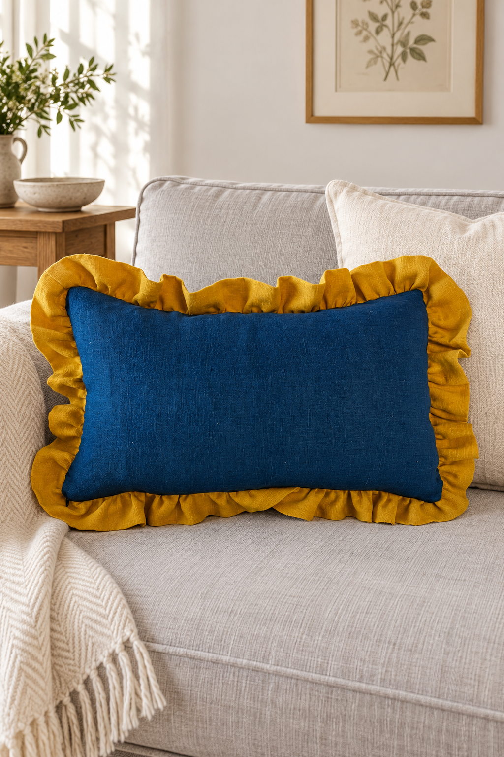 Rectangular deep blue linen cushion with a large mustard ruffle on a pale sofa beside a cream throw.