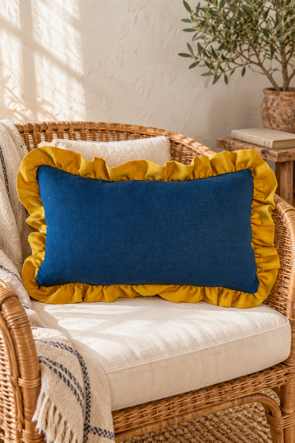 Plain rectangular blue linen cushion with mustard ruffle on a wicker chair beside an olive tree..