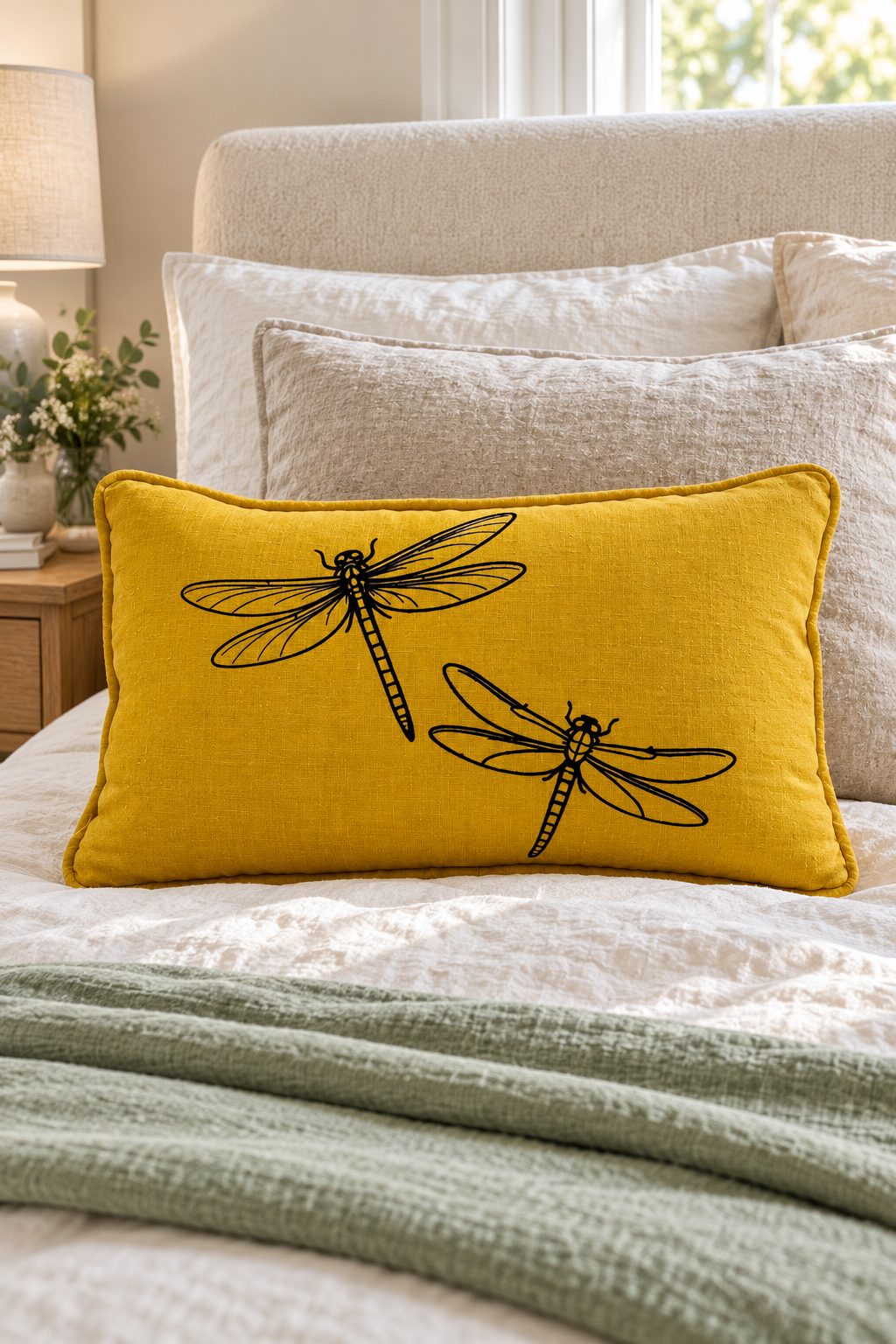Mustard Dragonfly linen cushion, 50 × 30cm, with matching piping on ivory bedding with a pale sage throw.