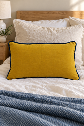 Mustard linen cushion with blue piping on ivory bedding beneath an oak headboard, with a blue throw across the bed.