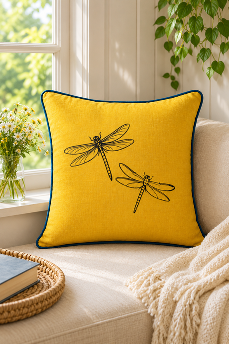 Plain mustard square cushion with blue piping against white pillows and a natural linen upholstered headboard.