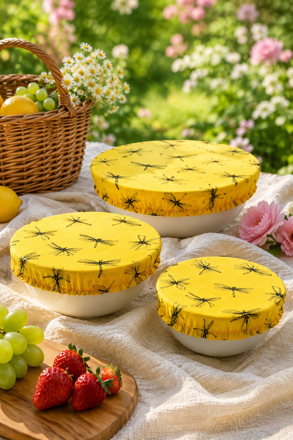 A set of three reusable Mustard Dragonfly linen bowl covers, hand printed in Derbyshire with a black dragonfly design. Lined with ProCare® FoodSAFE waterproof fabric, they are ideal for covering leftovers, salads, fruit bowls, prep bowls and rising dough while reducing the need for cling film.