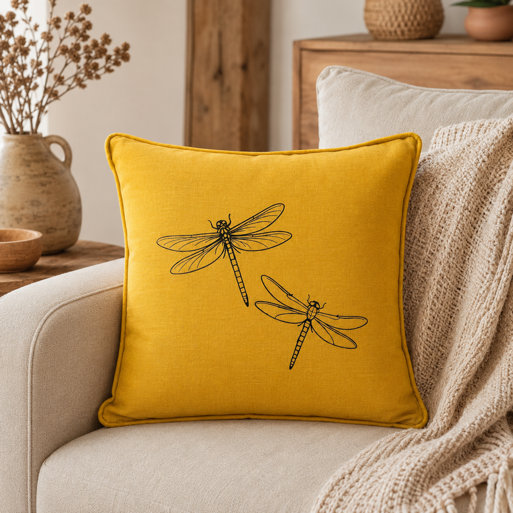 Mustard linen cushion cover with black dragonfly print, styled on a neutral sofa.