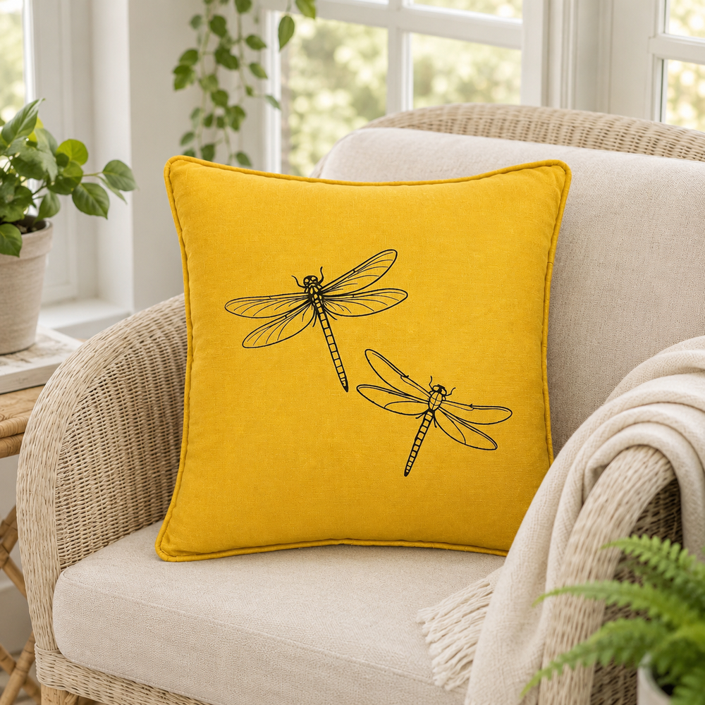 Mustard linen cushion cover with black dragonfly print, styled on a wicker chair.