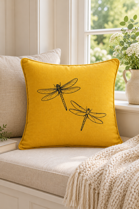 A square mustard yellow linen pillow with two black dragonflies, styled on a beige cushion next to a window with a knitted cream blanket.