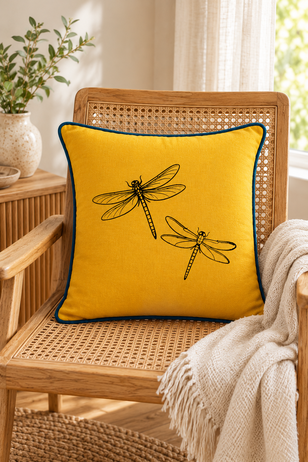 Square mustard cushion with deep blue piping on a rounded rattan armchair beside a window and cream throw.