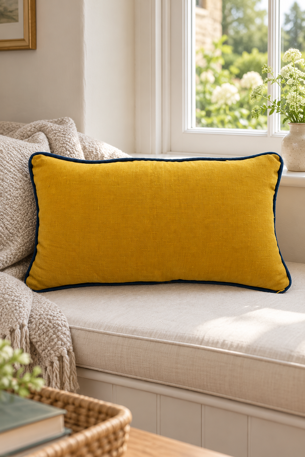 Plain mustard linen cushion with deep blue piping on a cream window seat beside a textured throw and vase of flowers.
