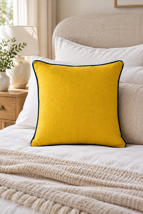 Plain mustard linen cushion, 55 × 55cm, with navy blue piping on a cream sofa with natural wood furniture behind.
