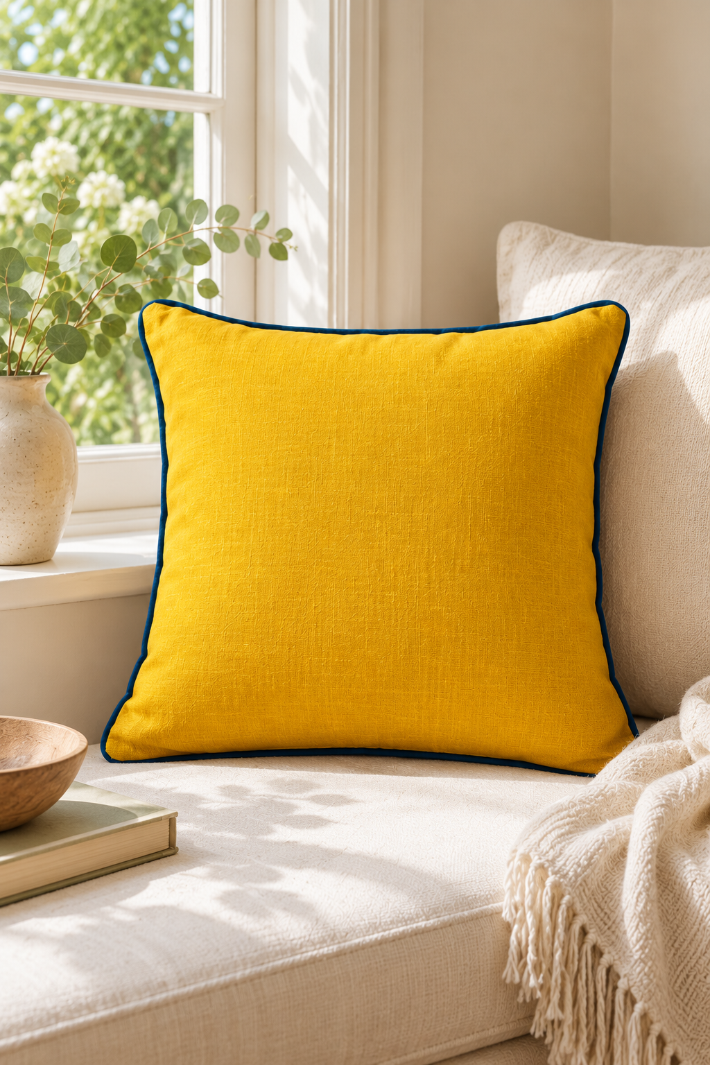 Square mustard linen cushion with deep blue piping on a cream window seat beside eucalyptus and a woven throw.