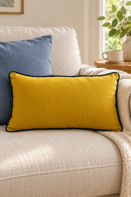 Rectangular mustard linen cushion, 50 × 30cm, with navy blue piping on a cream sofa in front of a blue cushion.