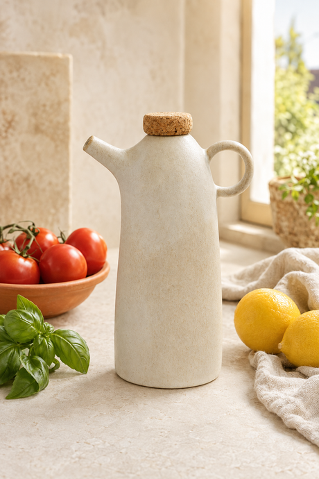 A tall, matte ceramic bottle with a cork stopper, styled on a light stone surface with tomatoes, basil, lemons, and a textured cloth near a window.