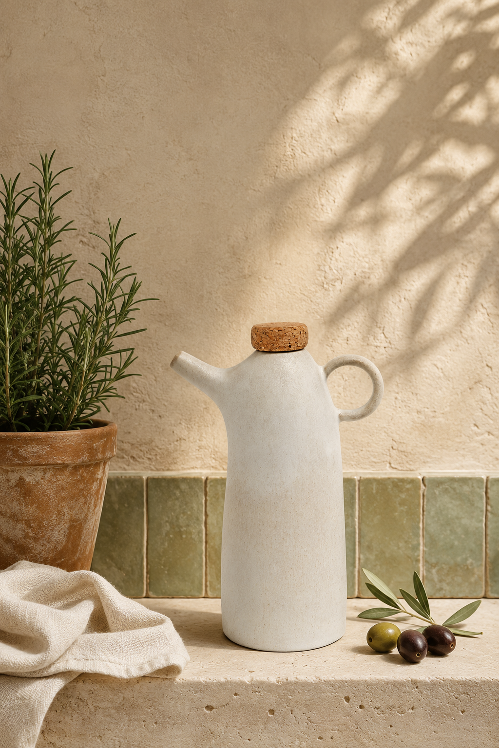 A matte white ceramic oil bottle with a cork stopper and loop handle sits on a stone ledge beside a potted rosemary plant, a folded cream cloth, and a small olive branch against a textured beige wall with leaf shadows.