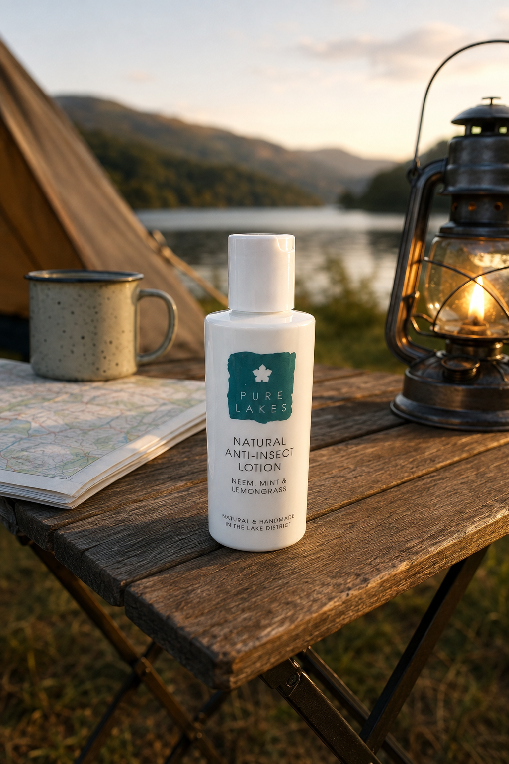 A bottle of Pure Lake Natural  Anti-insect Lotion stands on a rustic wooden table outdoors, with a tent, lake, mountains, mug, and lantern in the background.