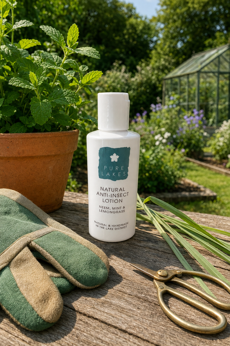 A bottle of Pure Lakes Natural Anti-Insect Lotion stands on a wooden table outdoors in a garden setting, surrounded by gardening gloves, scissors, fresh herbs, and a potted plant.
