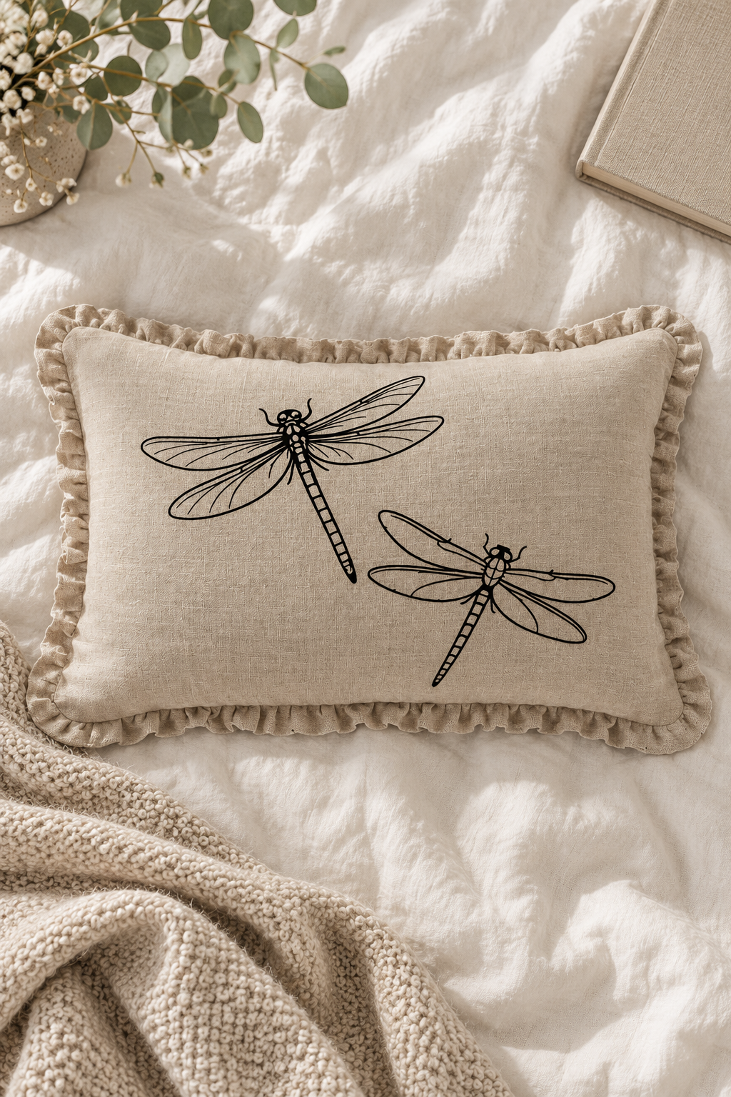 Dragonfly Linen Cushion Cover – Natural Ruffle Edge, 50 × 30cm
