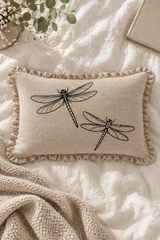 Dragonfly Linen Cushion Cover – Natural Ruffle Edge, 50 × 30cm