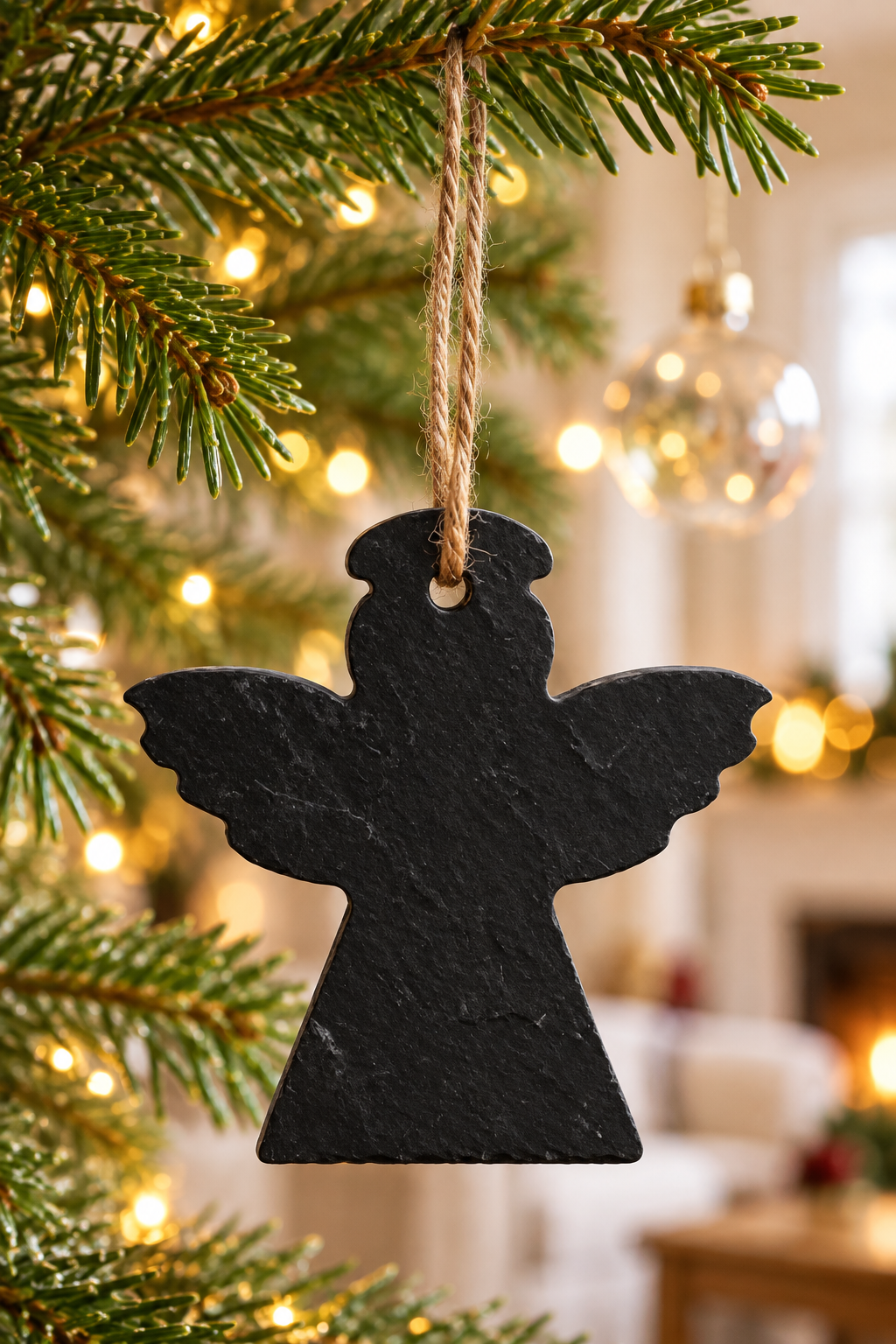 A black angel-shaped slate ornament hanging from a natural twine string on a Christmas tree branch, with warm holiday lights and a softly blurred living room background.