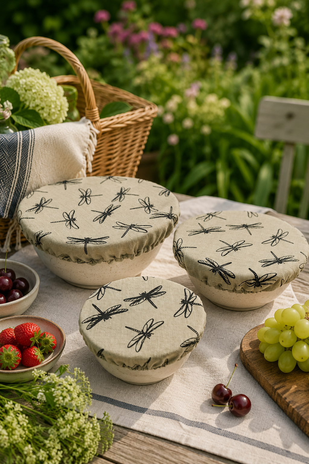 Set of three Natural Dragonfly linen reusable bowl covers with a black dragonfly print, hand printed in Derbyshire and lined with food-safe waterproof fabric. The set includes small, medium and large covers for bowls from approximately 12cm to 30cm diameter.