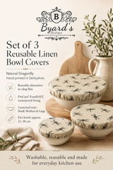 Set of 3 reusable linen bowl covers with Byard's branding on a neutral background.
