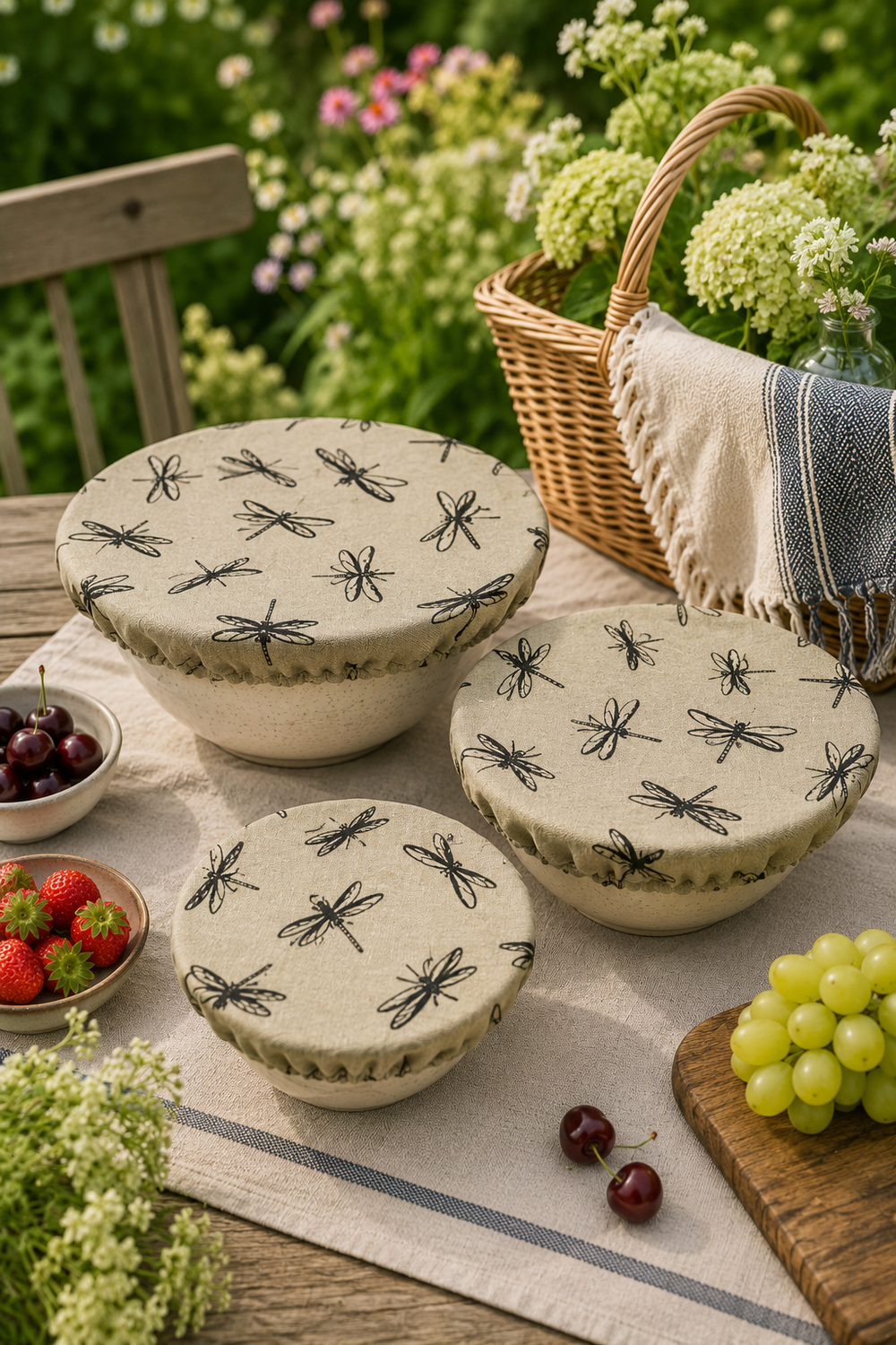 Set of three Natural Dragonfly linen reusable bowl covers with a black dragonfly print, hand printed in Derbyshire and lined with food-safe waterproof fabric. The set includes small, medium and large covers for bowls from approximately 12cm to 30cm diameter.
