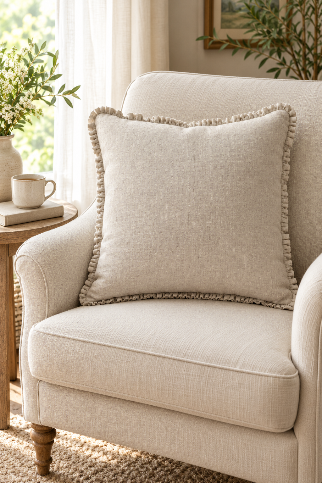 A square beige throw pillow with a fringed edge resting on a cream upholstered armchair in a bright, sunlit living room setting.