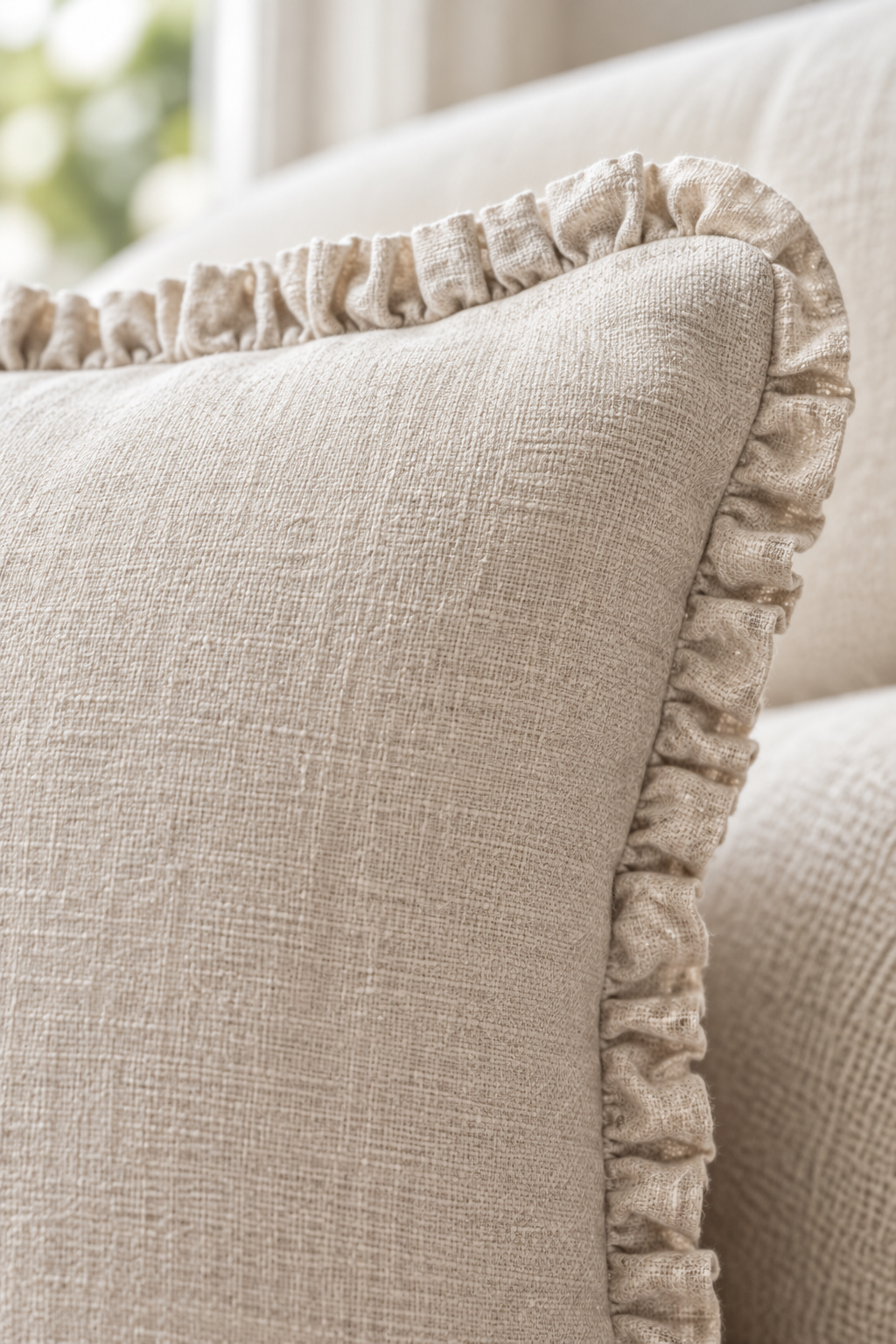 Close-up of a beige textured throw pillow with a ruffled trim, resting on a matching upholstered sofa in a softly lit interior.