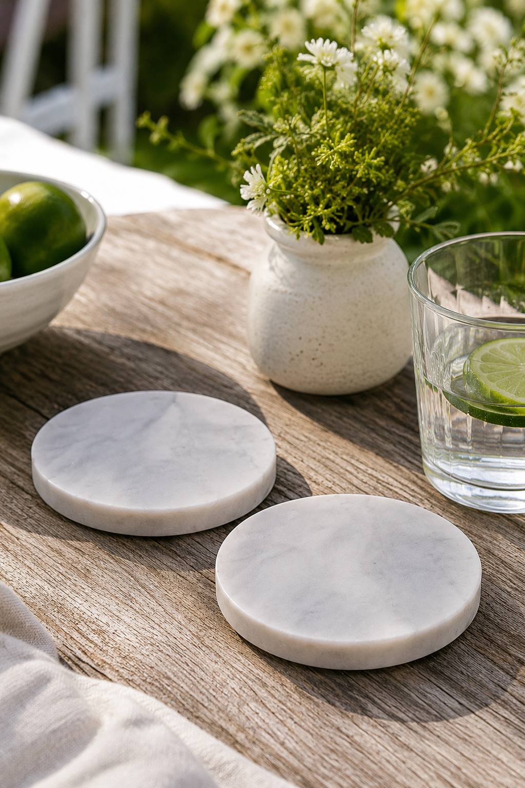 Marble coasters on a wooden table with a glass of water and lime, and a vase with flowers in the background.