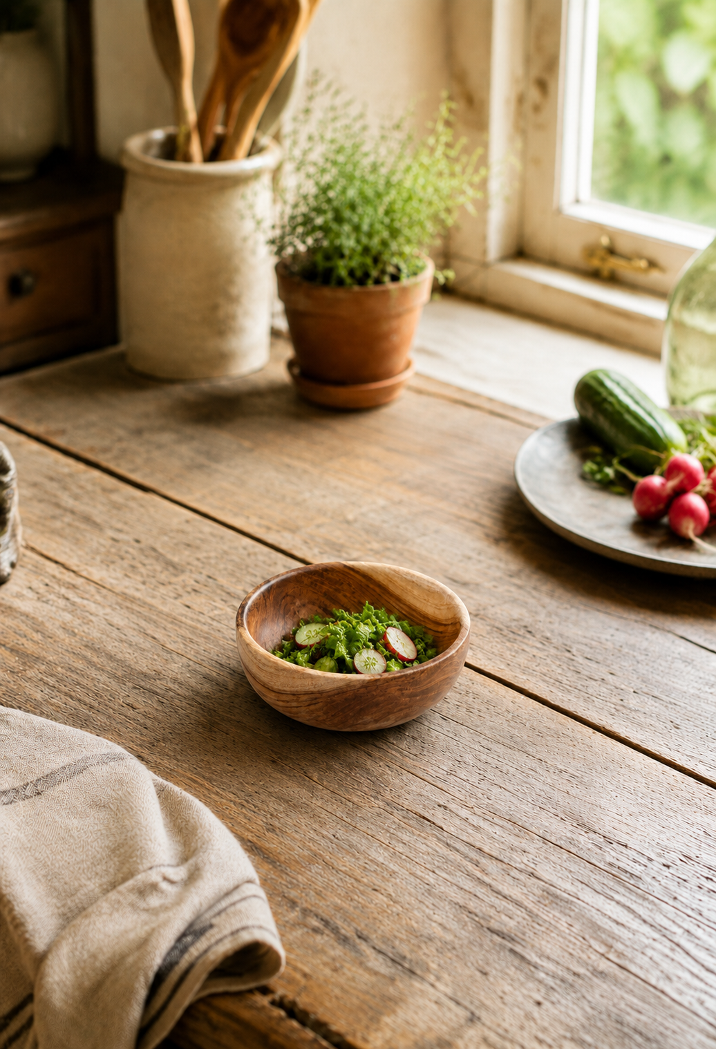 A small round wooden bowl filled with a green salad sits on a rustic wooden table in a sunlit kitchen setting. A plate with a cucumber and radishes, a potted herb, and kitchen utensils are visible in the background.