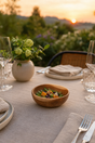 A wooden bowl filled with a colorful salad sits on a beige tablecloth at an outdoor dining table set for four, with a vase of flowers and a sunset in the background.