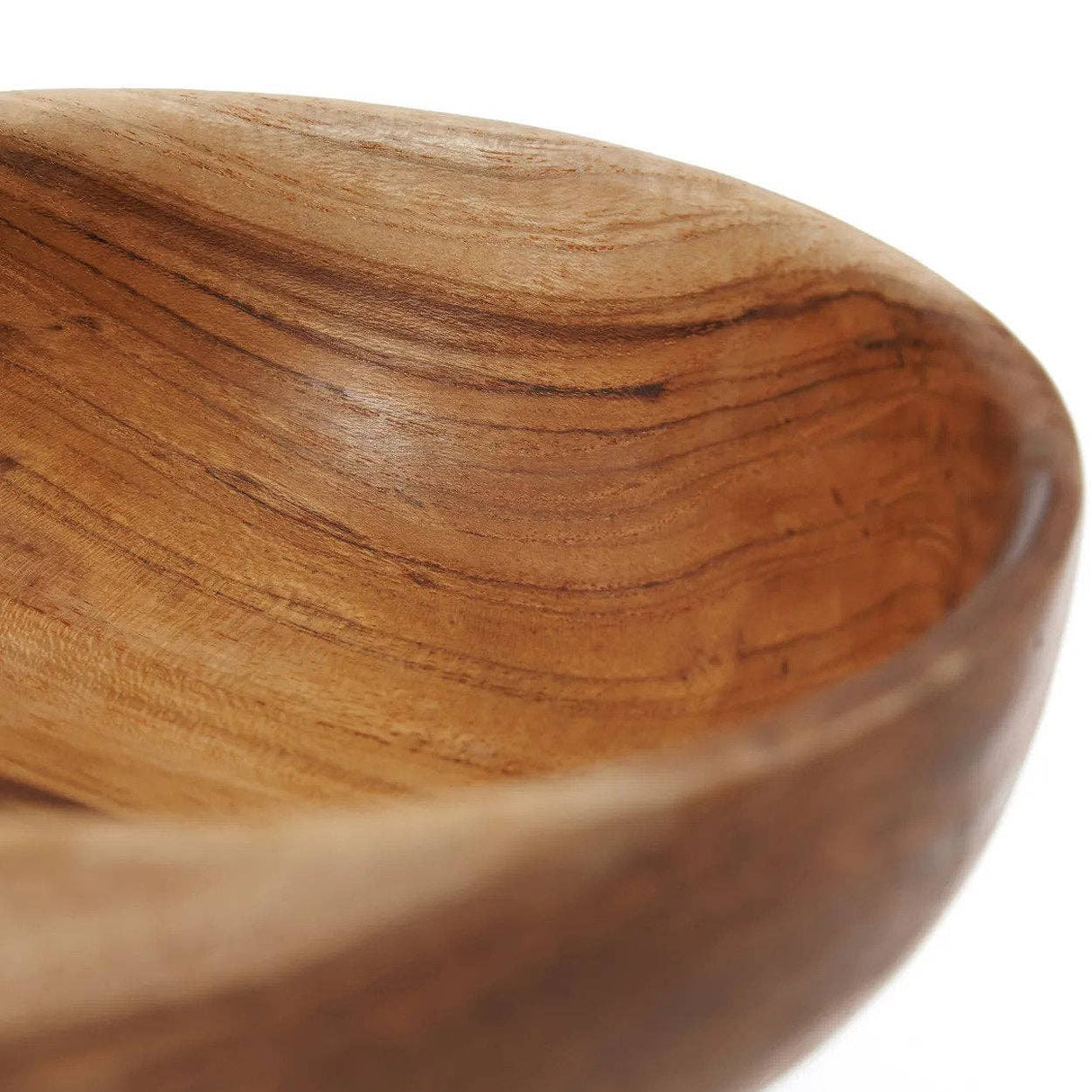 Close-up of a wooden bowl with a focus on texture and grain. Natural Teak Root Snack & Sharing Bowl – 16cm