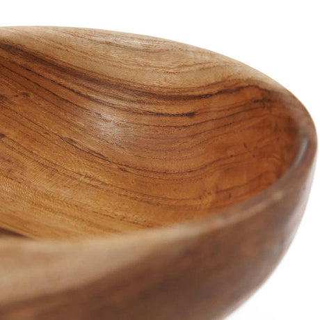Close-up of a wooden bowl with a focus on texture and grain. Natural Teak Root Snack & Sharing Bowl – 16cm