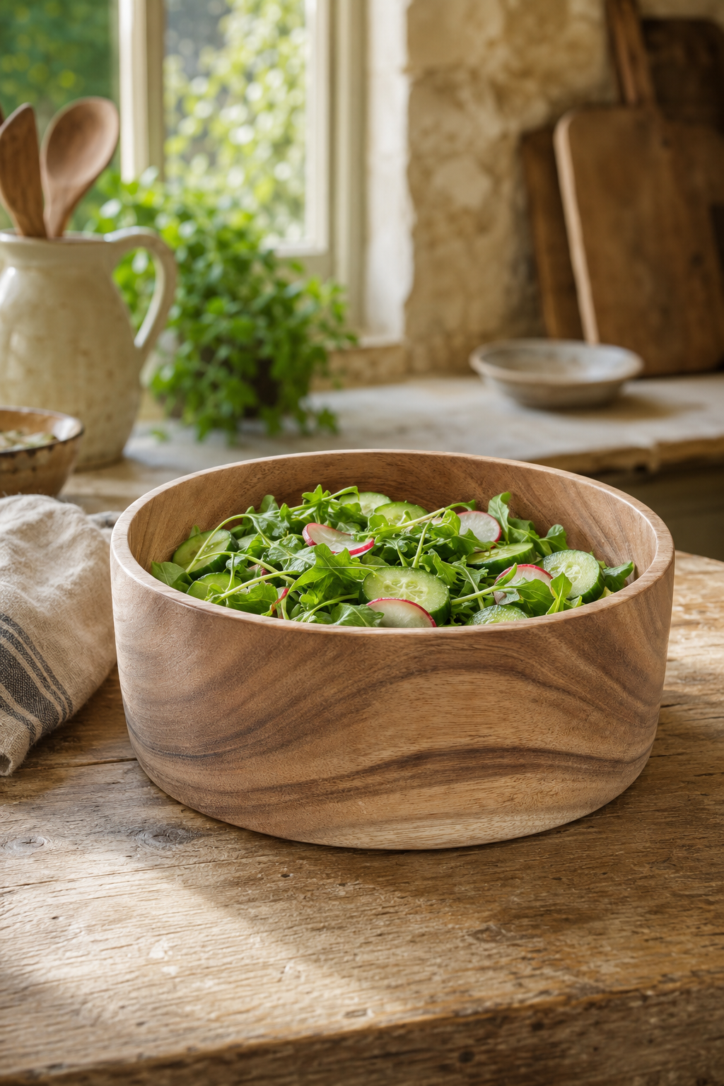A round wooden salad bowl filled with fresh green salad, set on a rustic wooden table in a warm, sunlit kitchen setting.