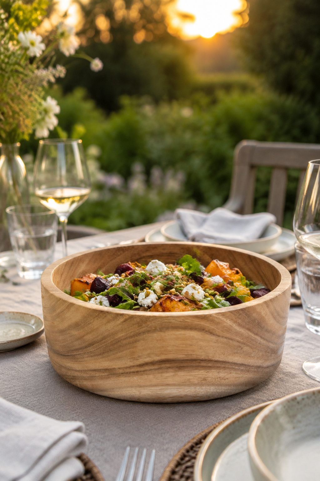 A wooden bowl filled with a colorful salad sits on a dining table set for two, with wine glasses, plates, and a blurred garden background at sunset.